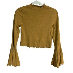 NWT Love Riche Women's Cropped Small Mustard Yellow Ruffled Bell Sleeve Blouse